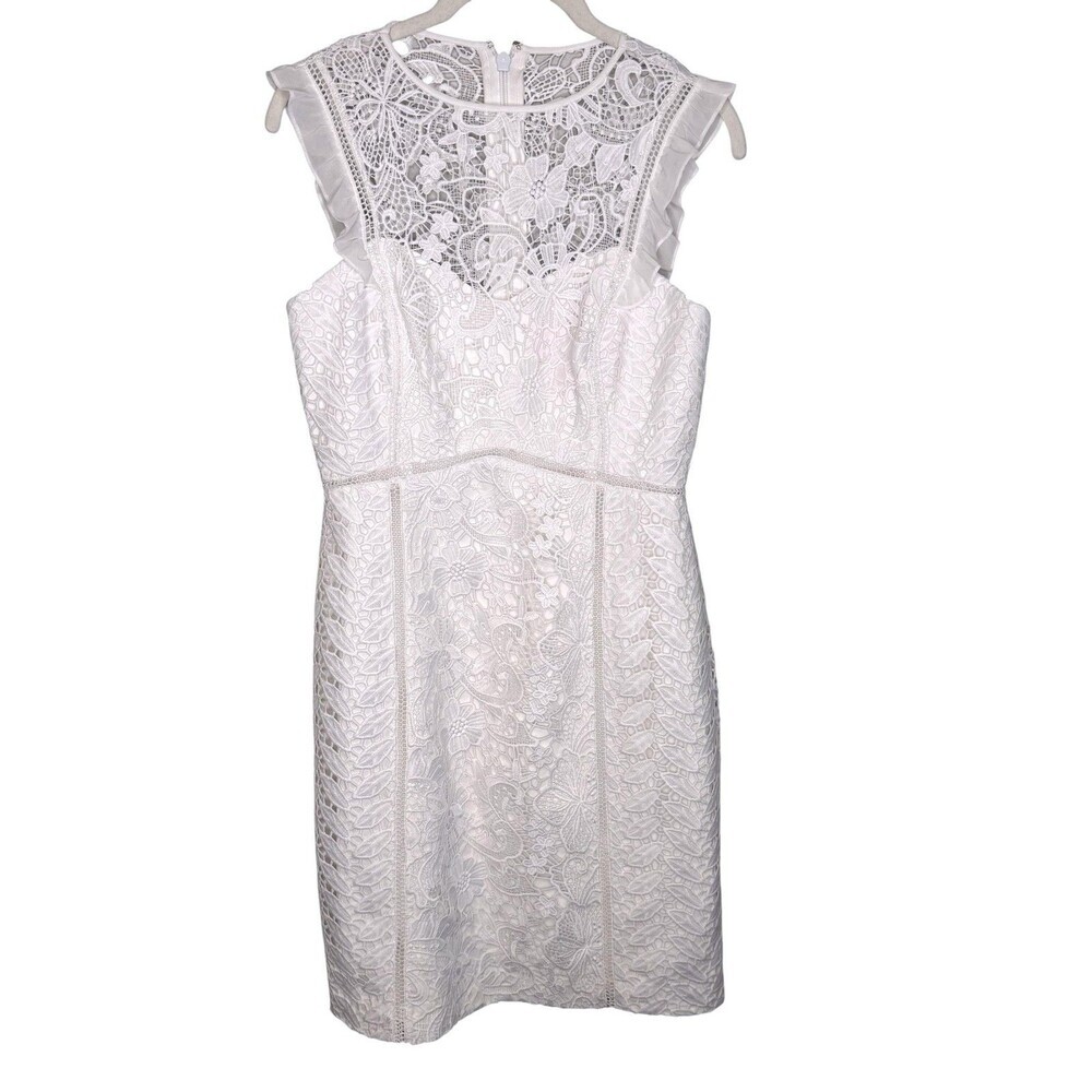 Lilly Pulitzer Maya Dress Size 2 White Lace Sheath Ruffle Cocktail Knee Wedding